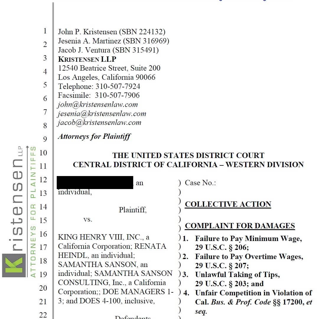 Kristensen LLP Files New Federal Lawsuit Against King Henry VIII in Hawthorne
